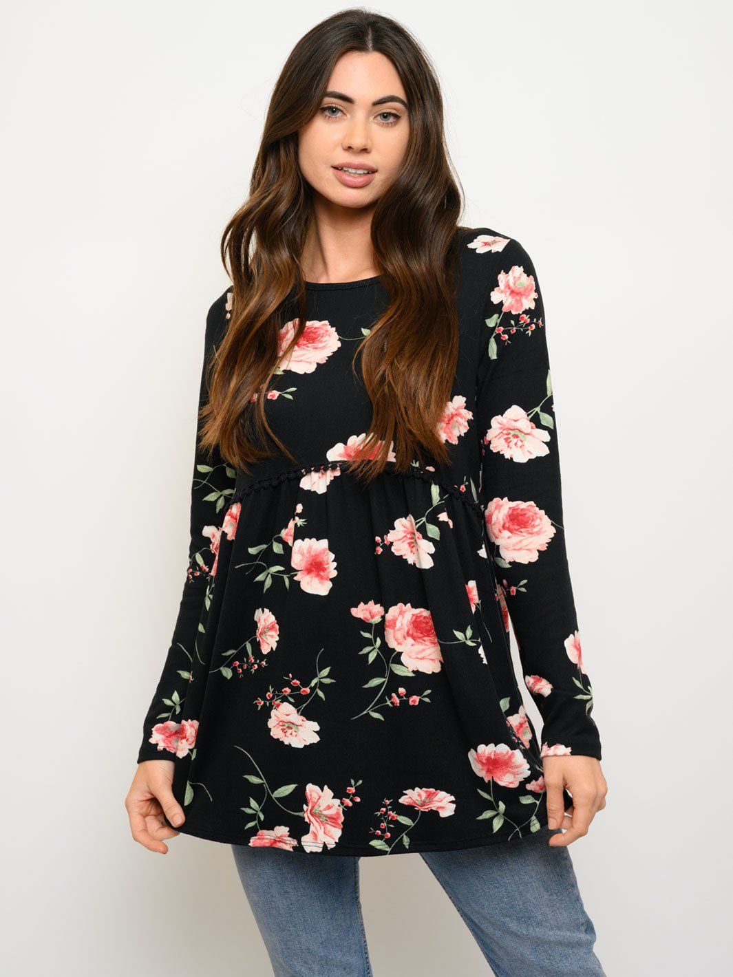 WOMEN'S LONG SLEEVE FLORAL BABYDOLL TOP