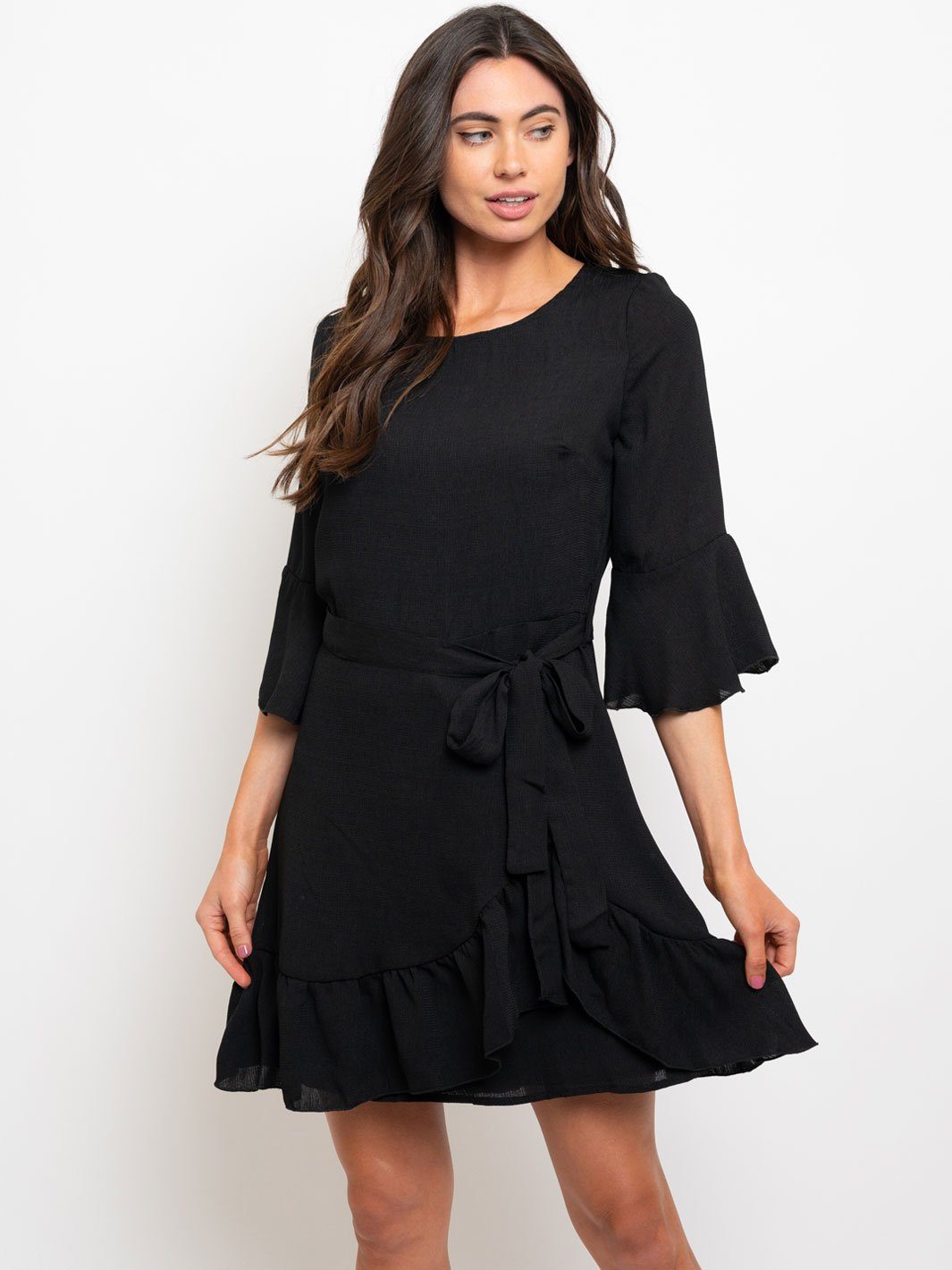 WOMEN'S TIE FRONT RUFFLE MINI DRESS