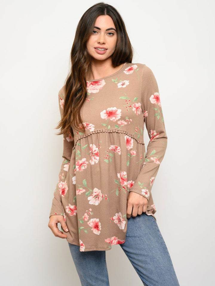 WOMEN'S LONG SLEEVE FLORAL BABYDOLL TOP