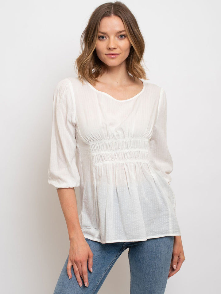 WOMEN'S 3/4 SLEEVE SMOCKING DETAIL TOP