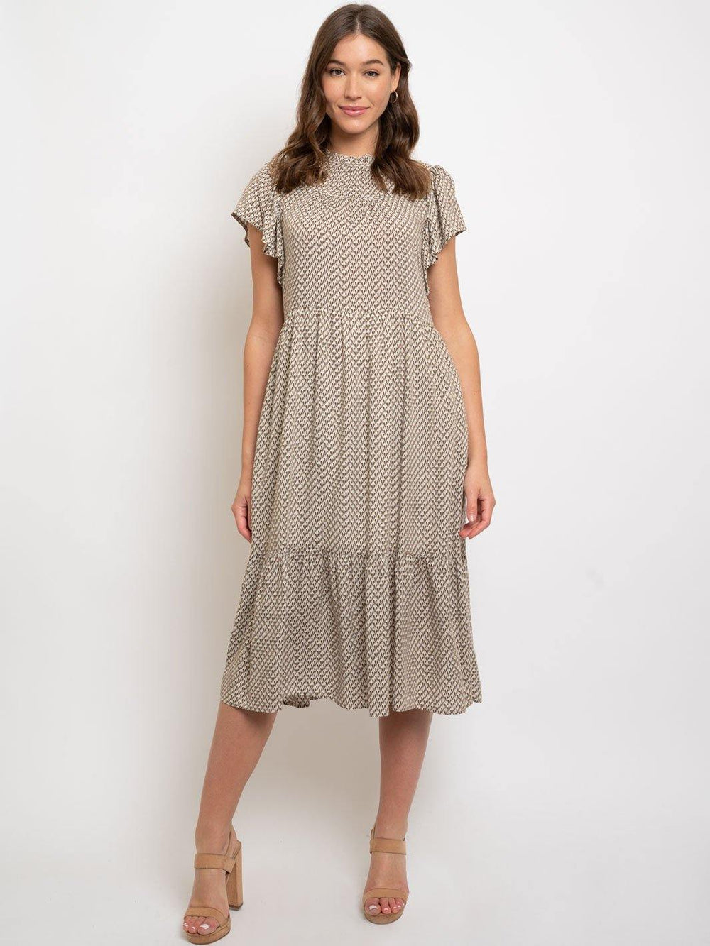 WOMEN'S RUFFLE SLEEVE MIDI DRESS WITH POCKETS