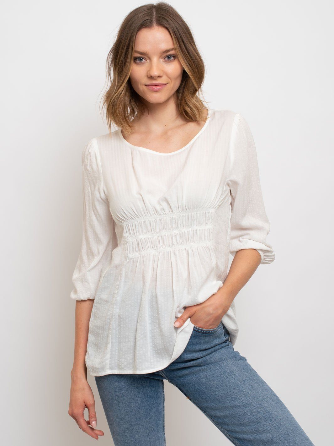 WOMEN'S 3/4 SLEEVE SMOCKING DETAIL TOP