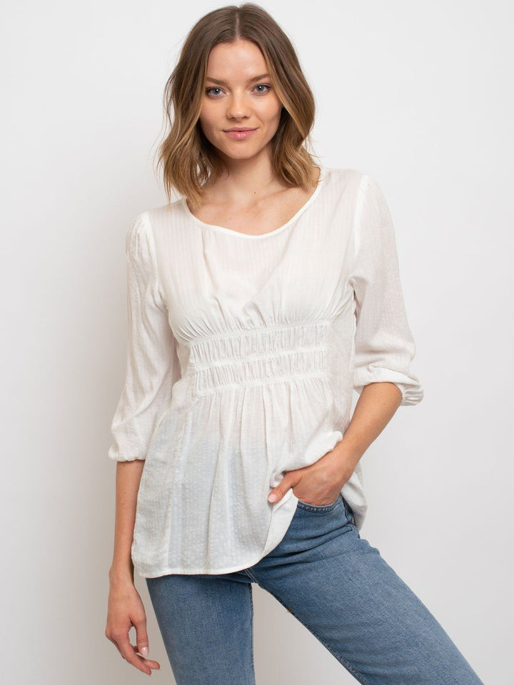 WOMEN'S 3/4 SLEEVE SMOCKING DETAIL TOP