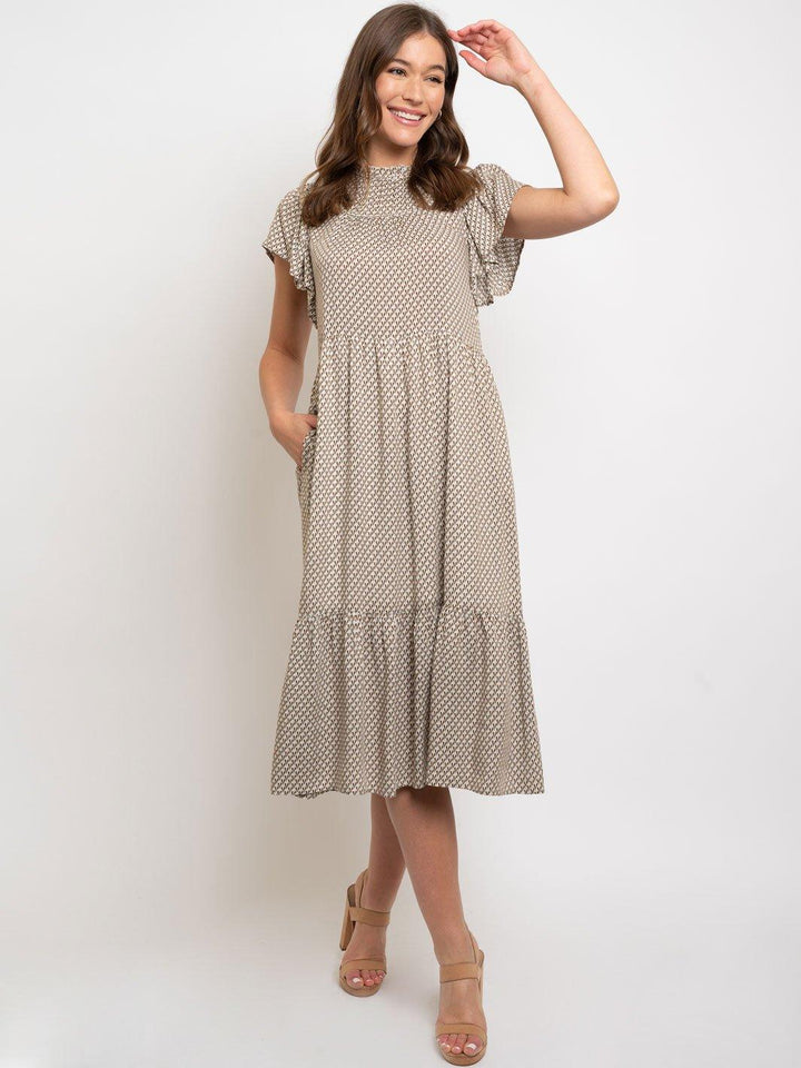 WOMEN'S RUFFLE SLEEVE MIDI DRESS WITH POCKETS