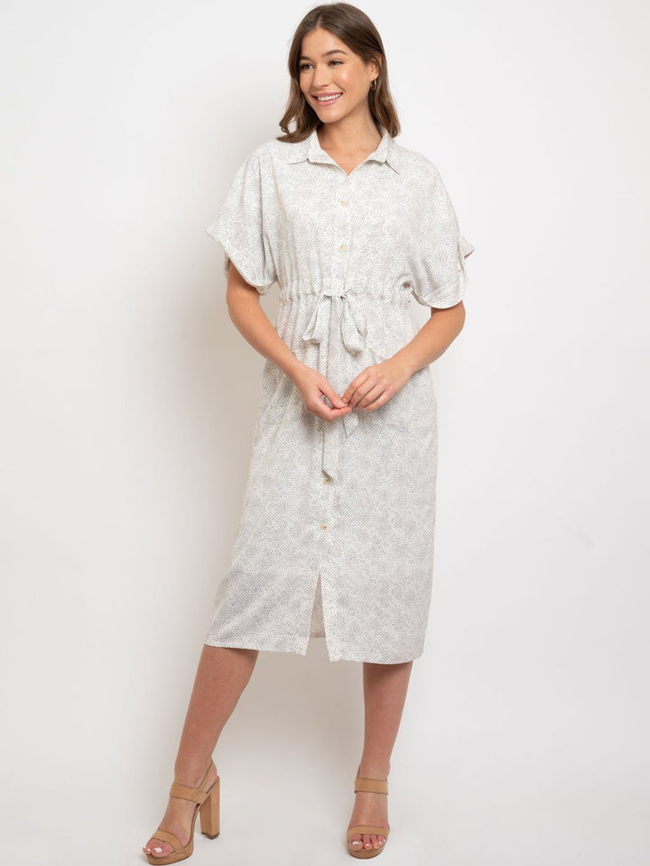 WOMEN'S SHORT SLEEVE DOT PATTERNED SELF TIE MIDI DRESS