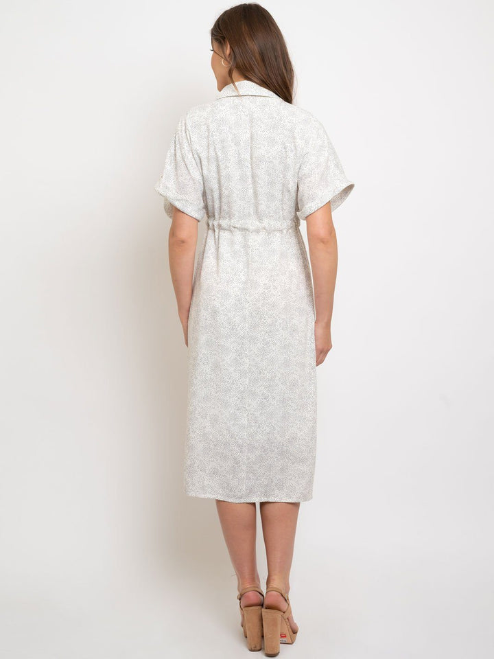 WOMEN'S SHORT SLEEVE DOT PATTERNED SELF TIE MIDI DRESS