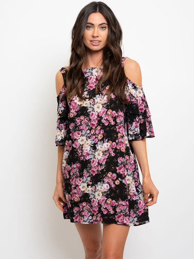 WOMEN'S COLD SHOULDER FLORAL MINI DRESS