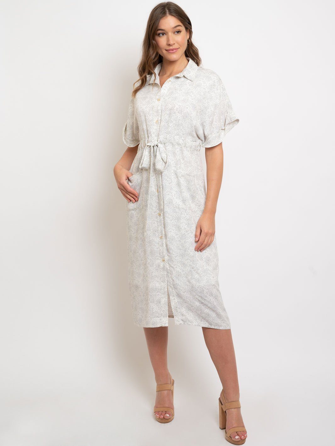 WOMEN'S SHORT SLEEVE DOT PATTERNED SELF TIE MIDI DRESS