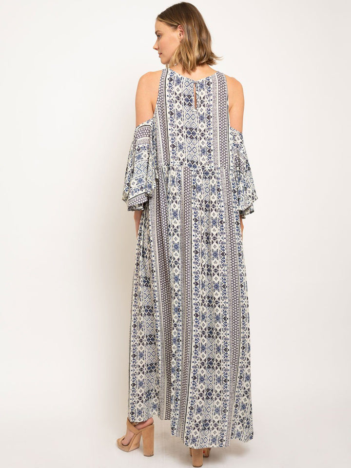 WOMEN'S COLD SHOULDER MULTI PRINT MAXI DRESS