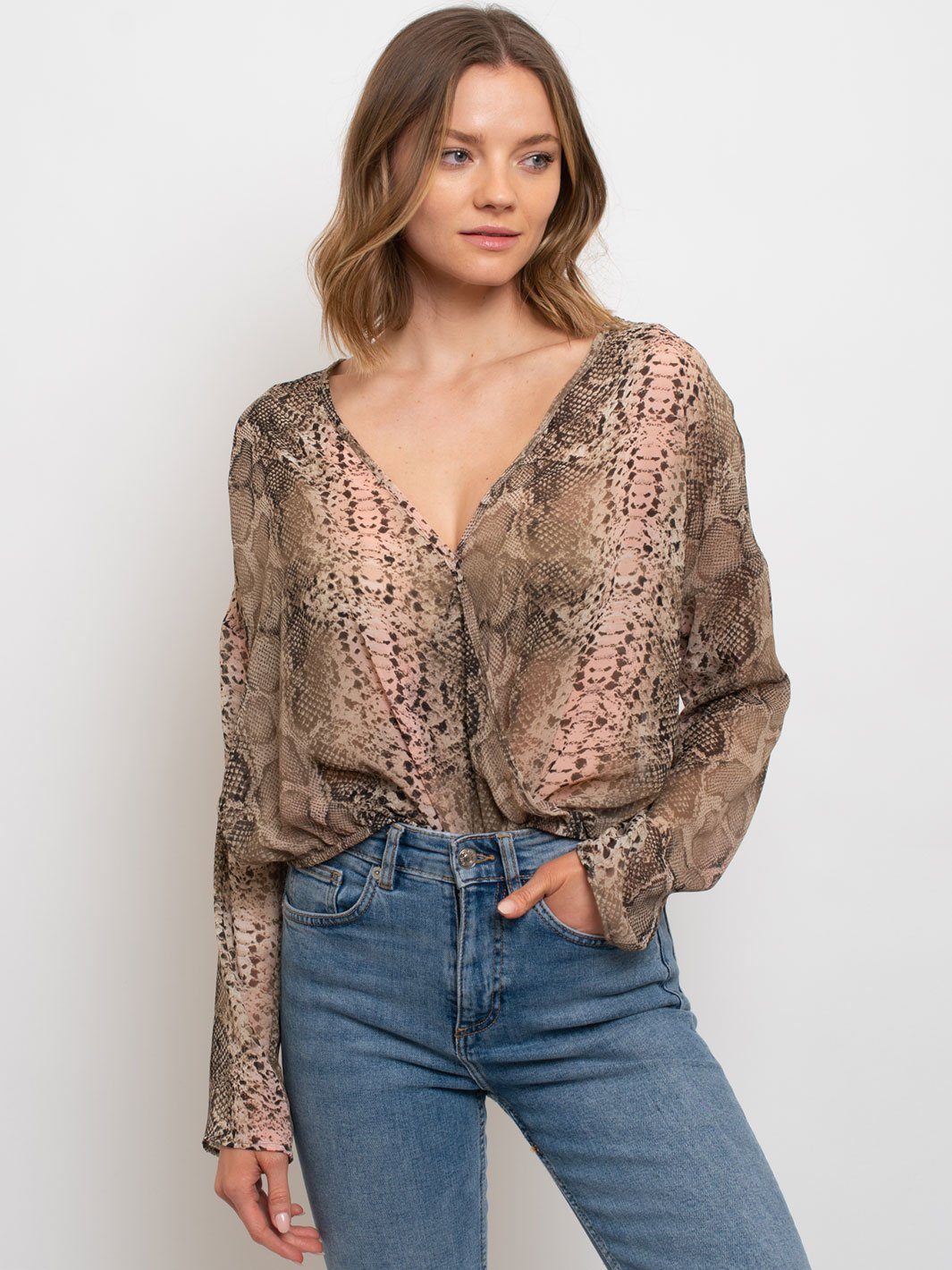 WOMEN'S SNAKE PRINT SURPLUS WOVEN TOP