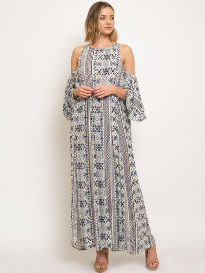 WOMEN'S COLD SHOULDER MULTI PRINT MAXI DRESS