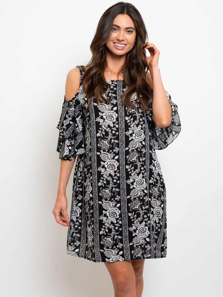WOMEN'S FLORAL COLD SHOULDER FLORAL MINI DRESS