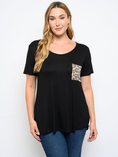 PLUS SIZE SHORT SLEEVE FRONT ANIMAL POCKET PRINT TOP