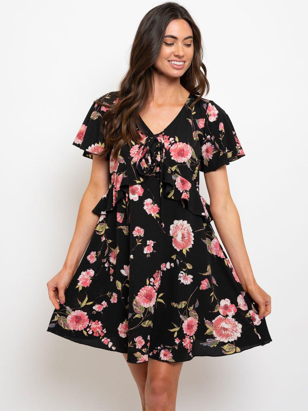 WOMEN'S BABYDOLL RUFFLE DETAIL FLORAL MINI DRESS