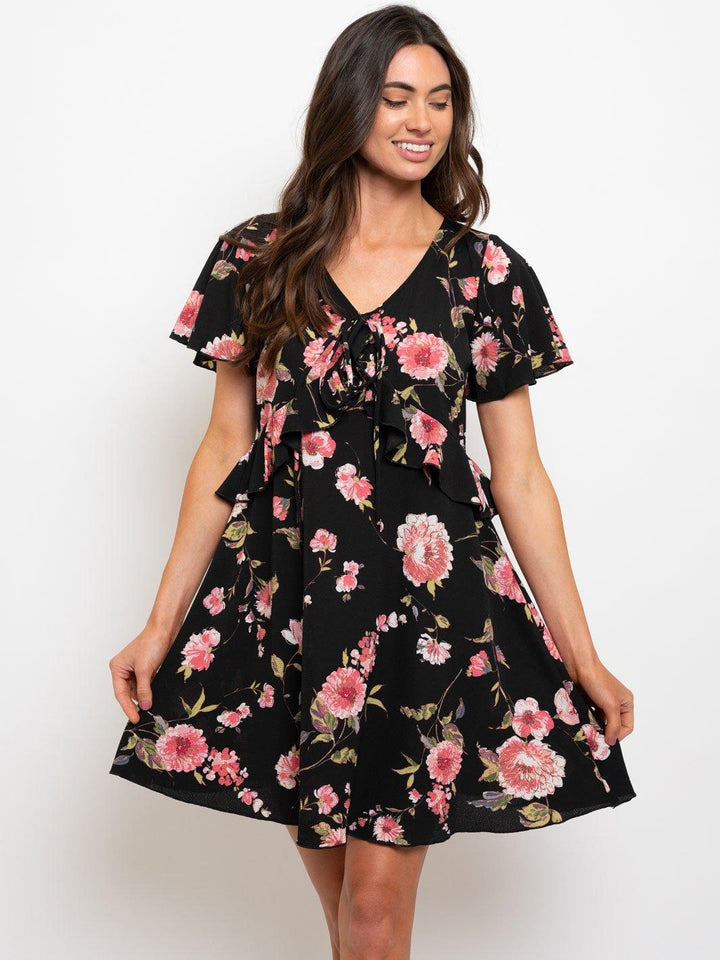 WOMEN'S BABYDOLL RUFFLE DETAIL FLORAL MINI DRESS