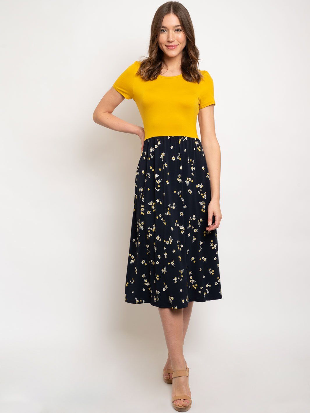 WOMEN'S MUSTARD BLACK MIDI FLORAL DRESS