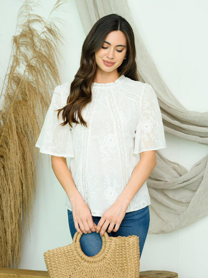 WOMEN'S SHORT SLEEVE LACE TRIMMED TOP