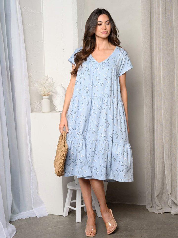 WOMEN'S SHORT SLEEVE V-NECK LEAF PRINT TUNIC MIDI DRESS