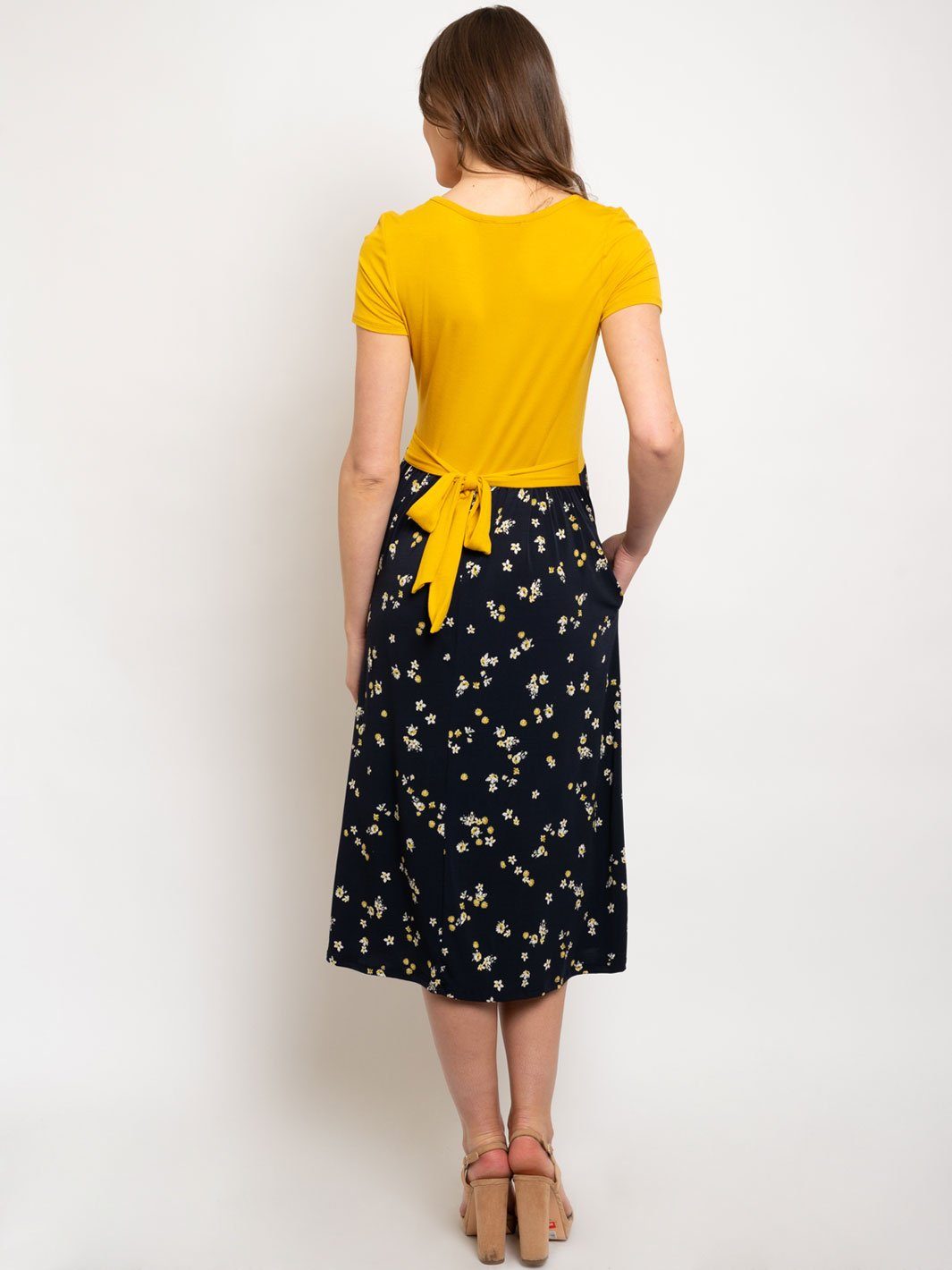 WOMEN'S MUSTARD BLACK MIDI FLORAL DRESS