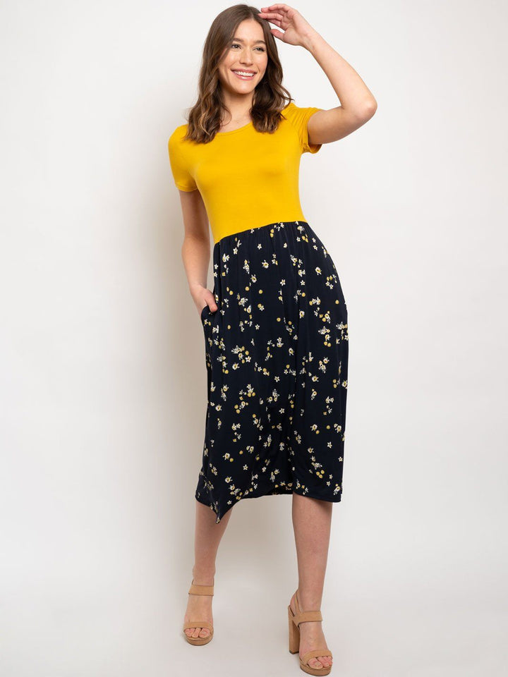 WOMEN'S MUSTARD BLACK MIDI FLORAL DRESS