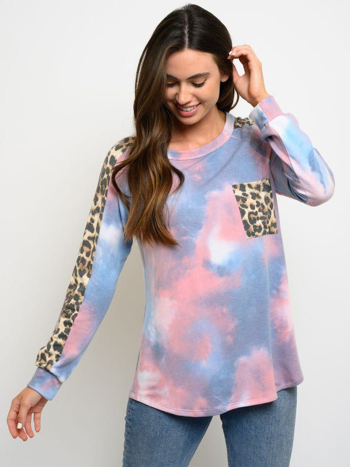 WOMEN'S LONG SLEEVE TIE DYE ANIMAL PRINT TOP