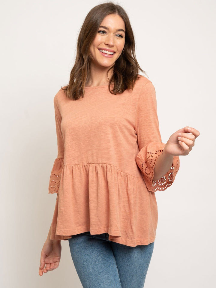 WOMEN'S SLUB BABYDOLL EYELET LACE BELL SLEEVES TOP