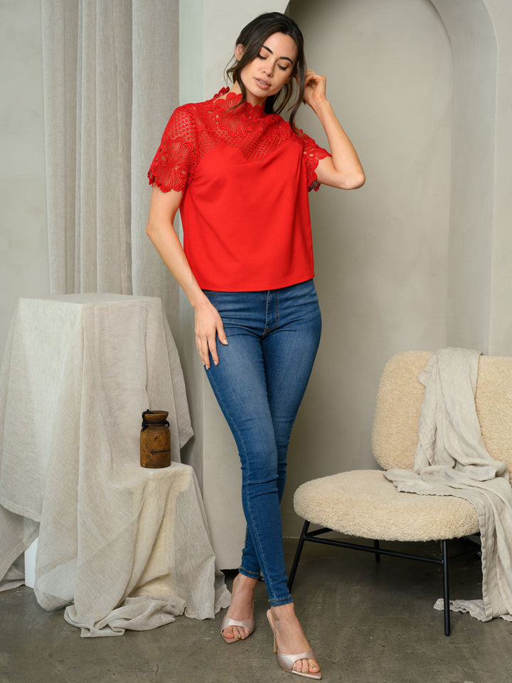 WOMEN'S SHORT SLEEVE LACE CREPE TOP
