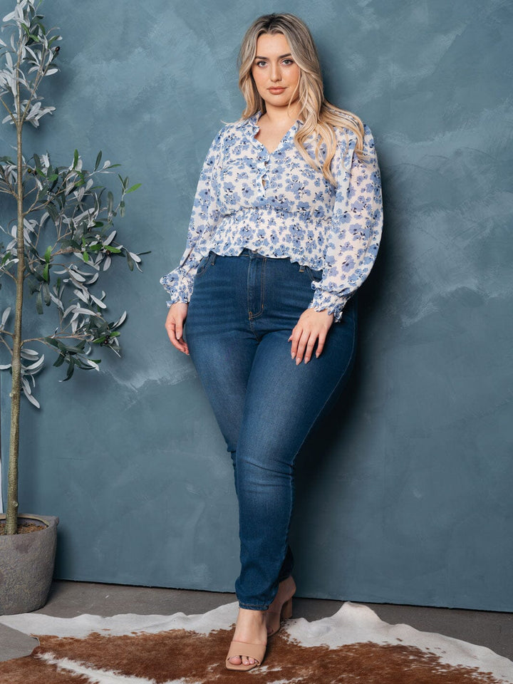 PLUS SIZE LONG SLEEVES BUTTON UP SMOCK FLORAL TOP