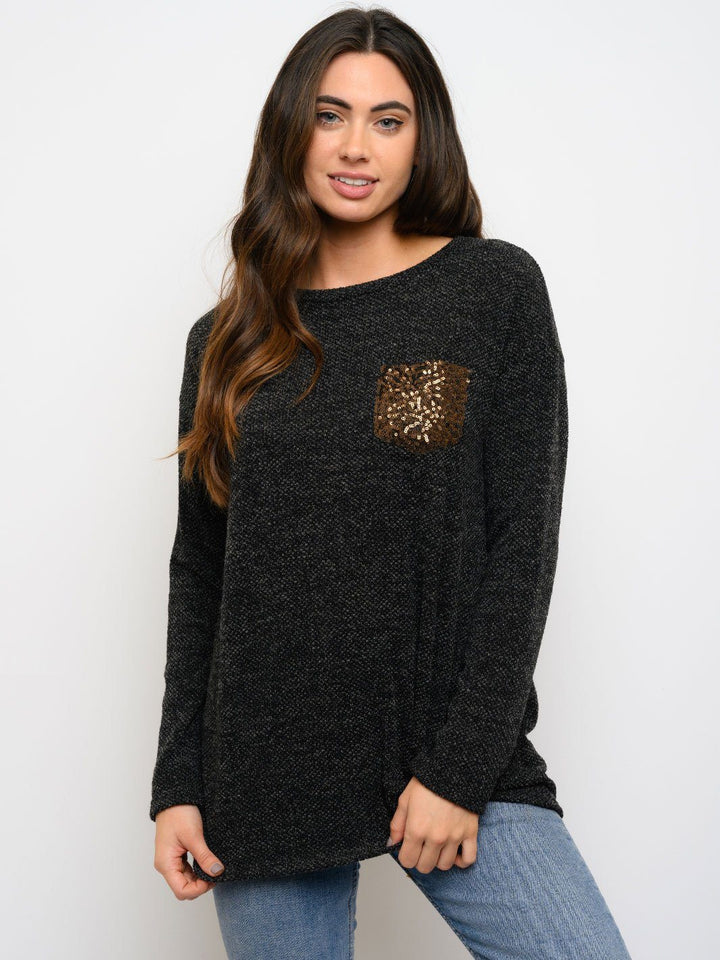 WOMEN'S FRONT KNOT SEQUIN POCKET LONG SLEEVE TOP