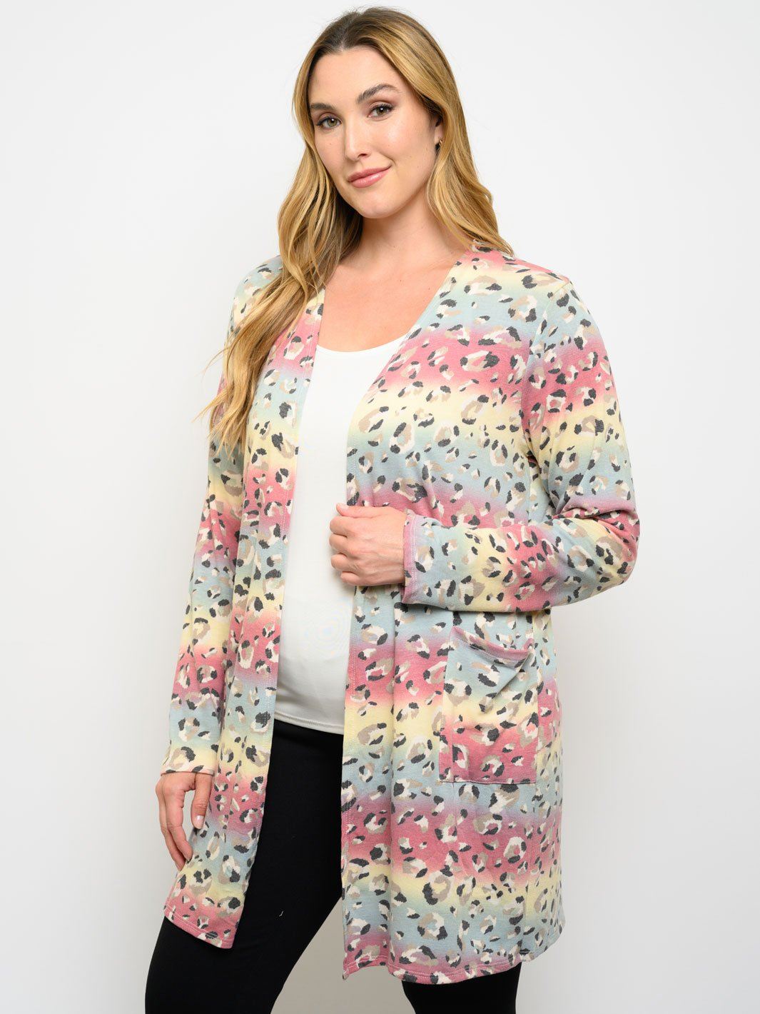 PLUS SIZE ANIMAL PRINT LONG SLEEVE MULTI COLORS CARDIGAN