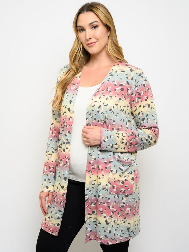 PLUS SIZE ANIMAL PRINT LONG SLEEVE MULTI COLORS CARDIGAN