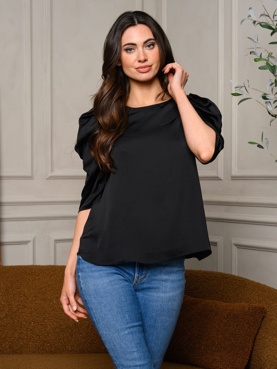WOMEN'S 3/4 DRAPE SLEEVE SATIN BLOUSE TOP