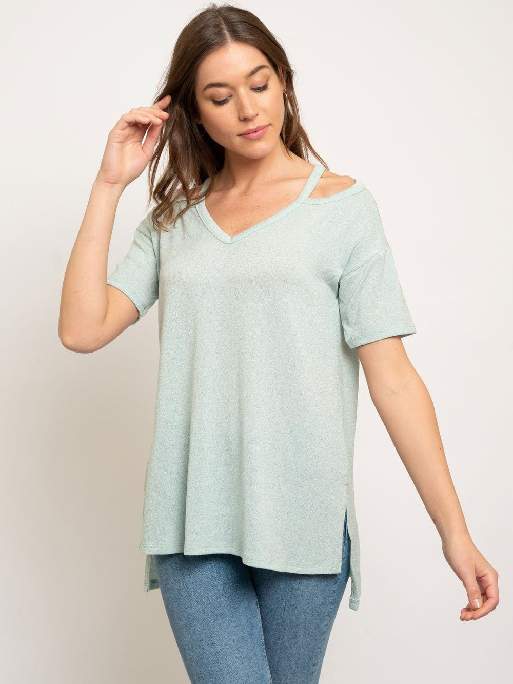 CREPE CUTOUT SHOULDER KNIT TOP