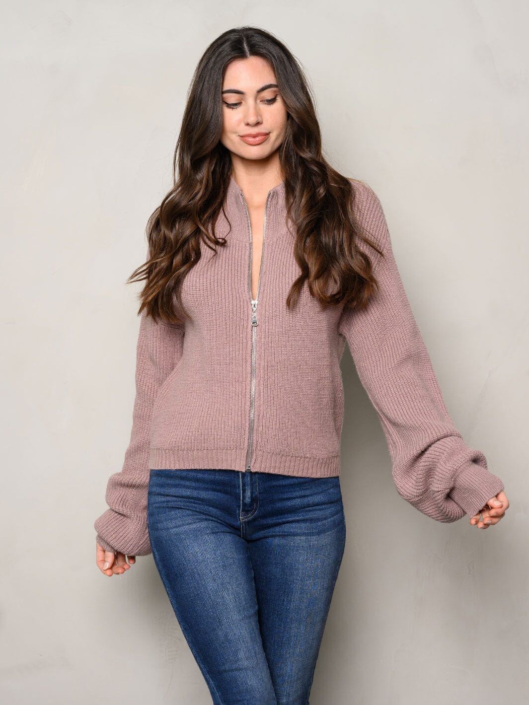 WOMEN'S LONG SLEEVE ZIP UP KNIT SWEATER