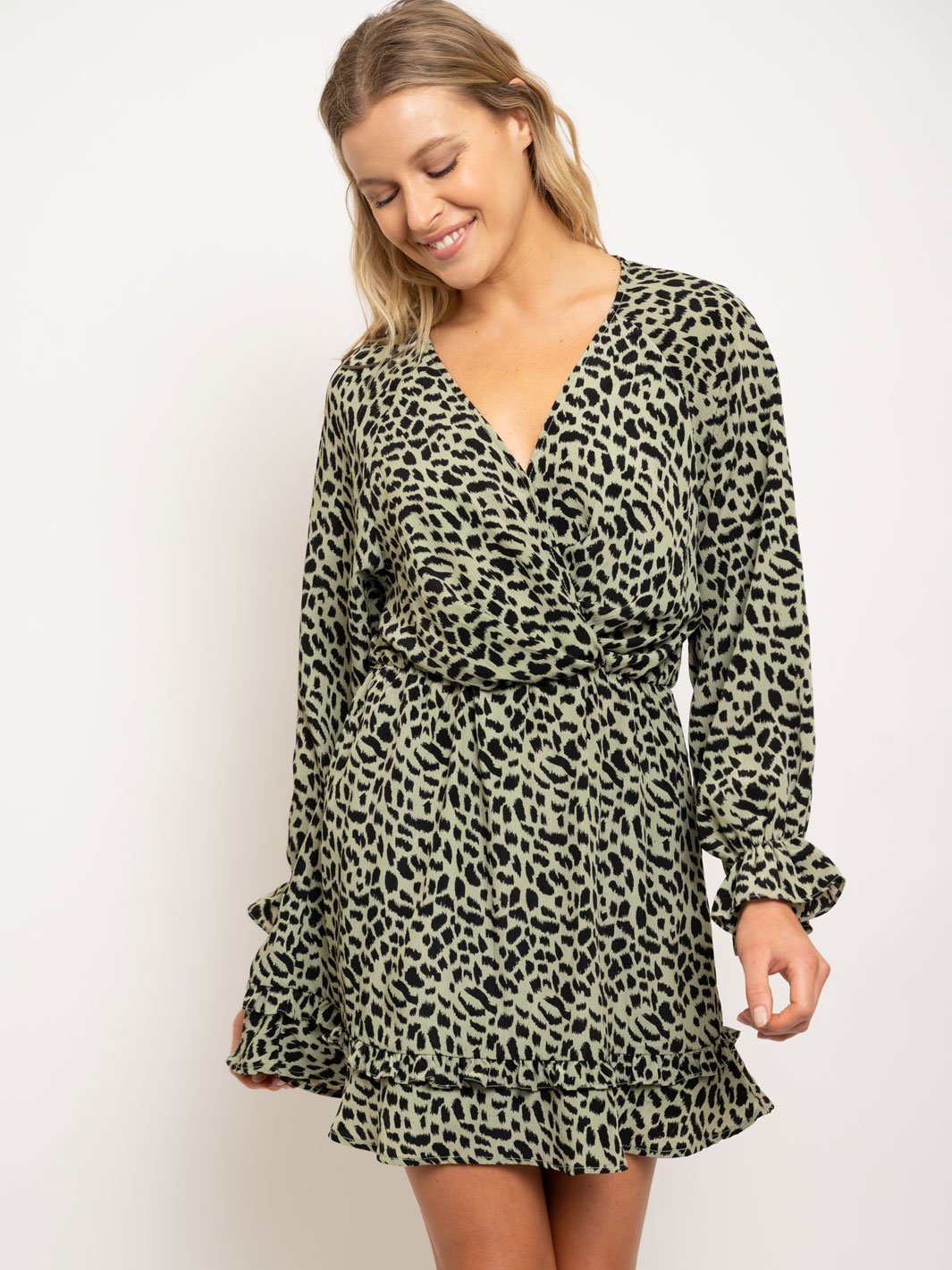 WOMEN'S PRINTED TWIST FRONT BABY BELL SLEEVES DRESS