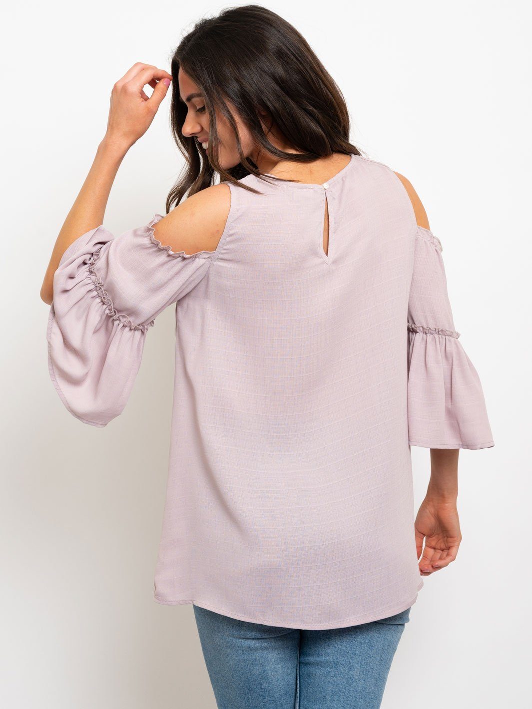 COLD SHOULDER TIERED BELL SLEEVES WOVEN TOP