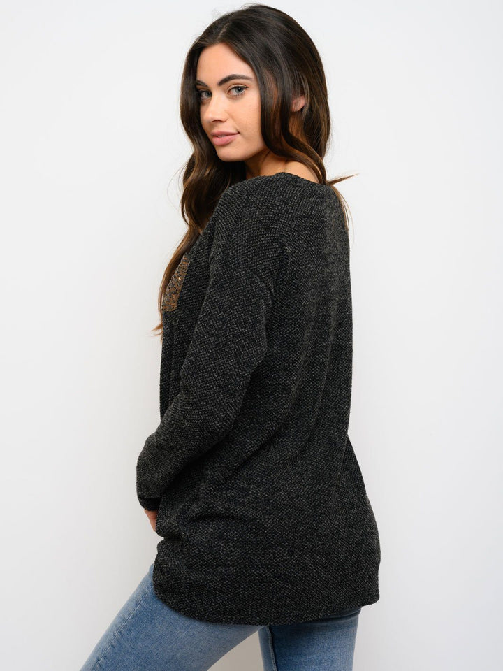 WOMEN'S FRONT KNOT SEQUIN POCKET LONG SLEEVE TOP