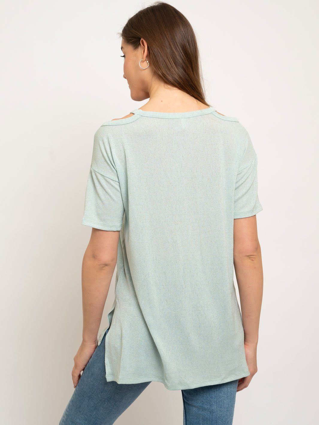 CREPE CUTOUT SHOULDER KNIT TOP