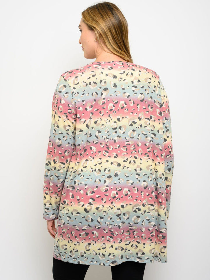 PLUS SIZE ANIMAL PRINT LONG SLEEVE MULTI COLORS CARDIGAN
