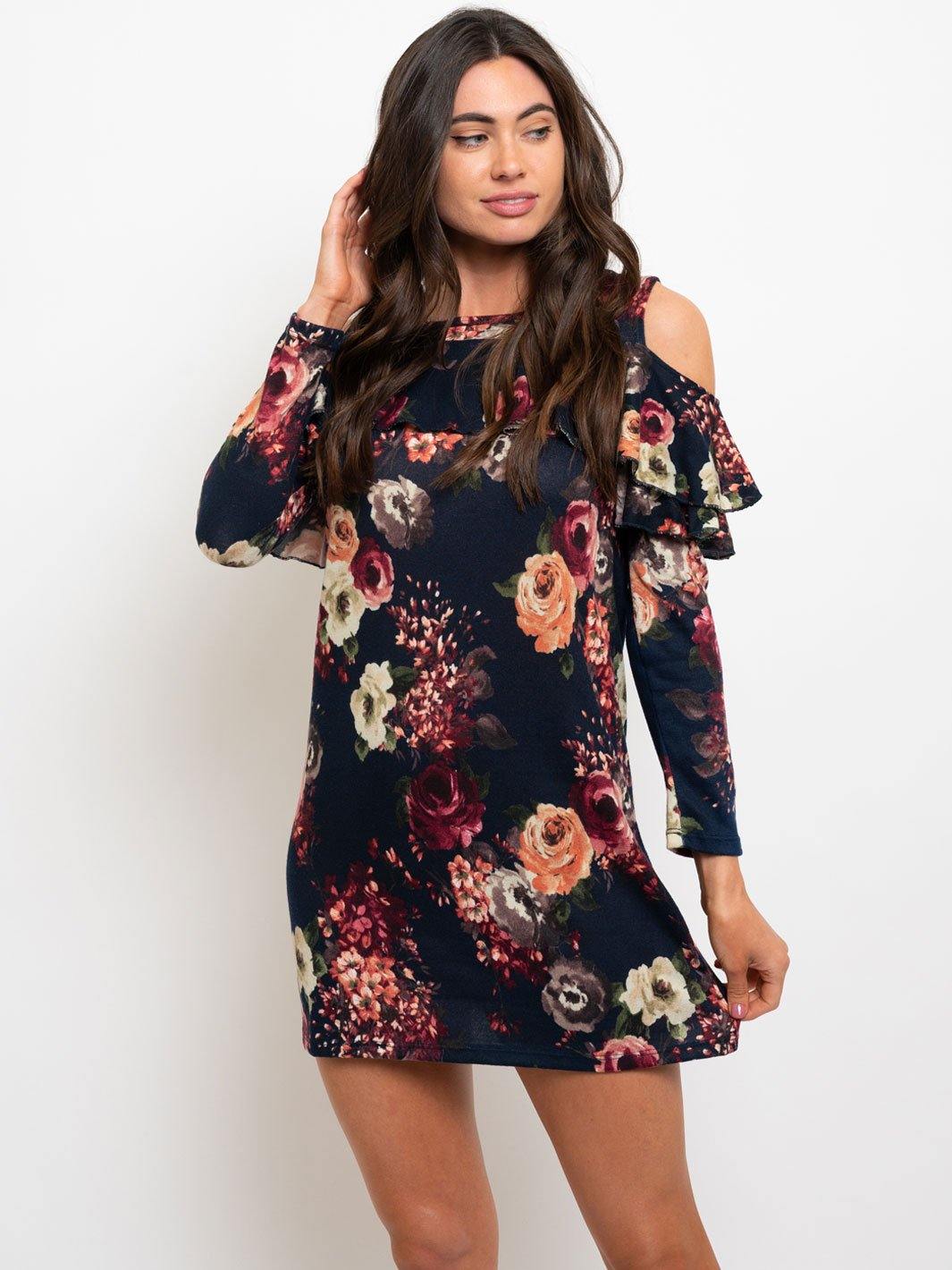 WOMEN'S COLD SHOULDER FLORAL KNIT MINI DRESS