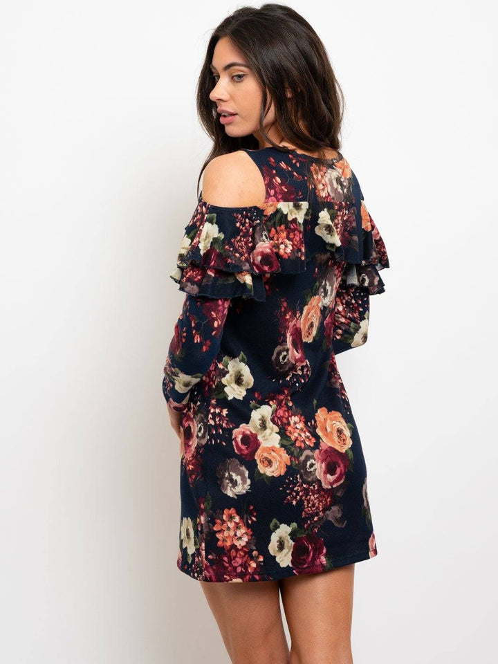 WOMEN'S COLD SHOULDER FLORAL KNIT MINI DRESS