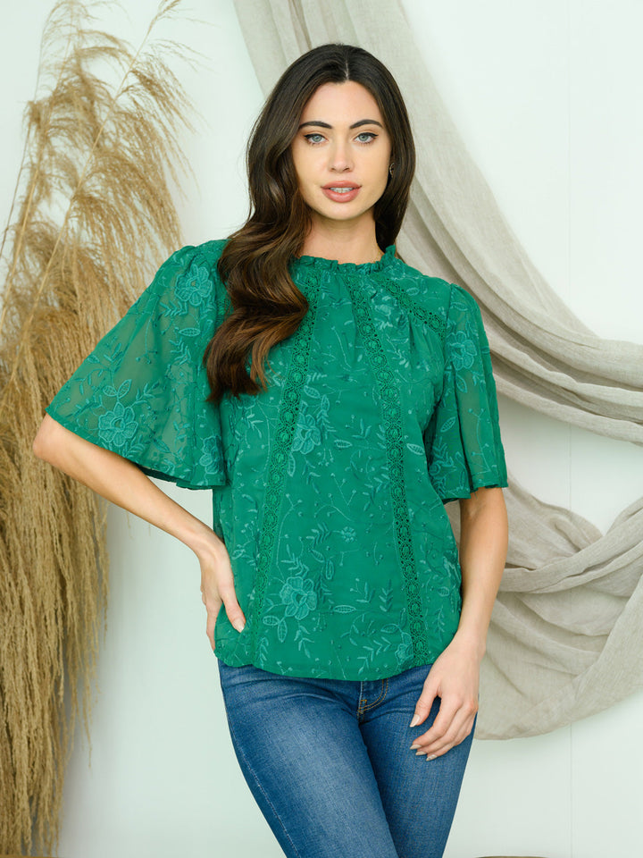 WOMEN'S SHORT SLEEVE LACE TRIMMED TOP