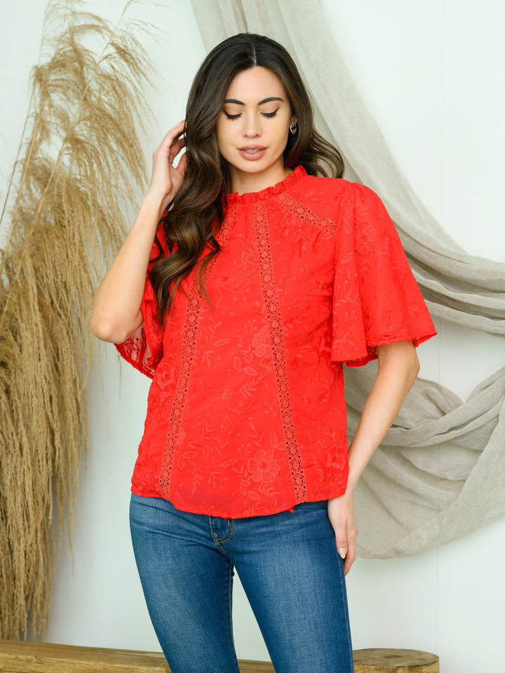 WOMEN'S SHORT SLEEVE LACE TRIMMED TOP