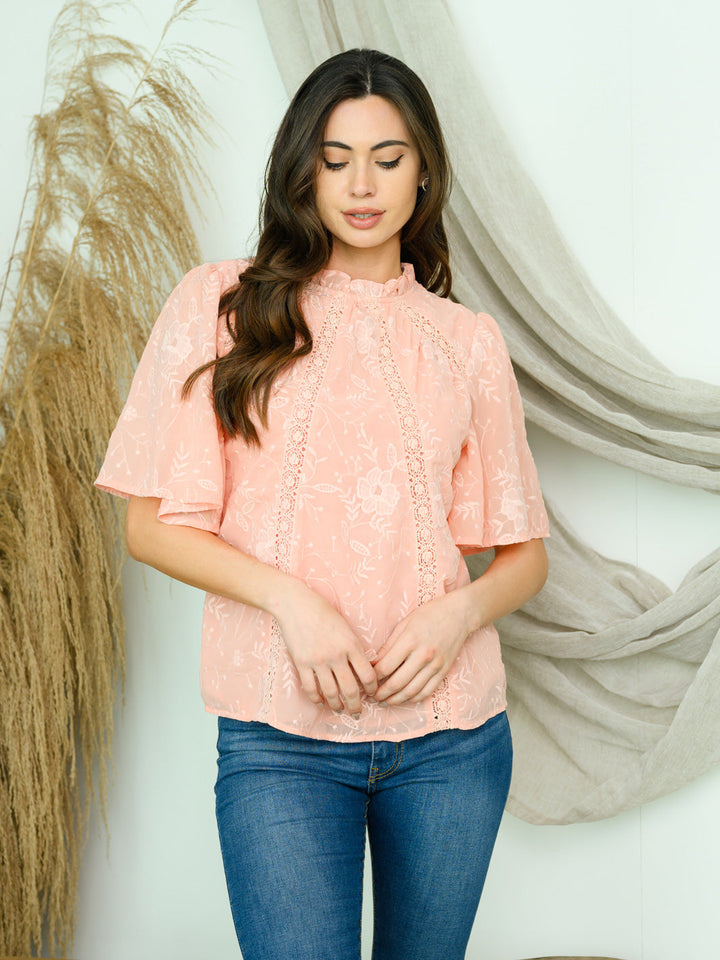 WOMEN'S SHORT SLEEVE LACE TRIMMED TOP