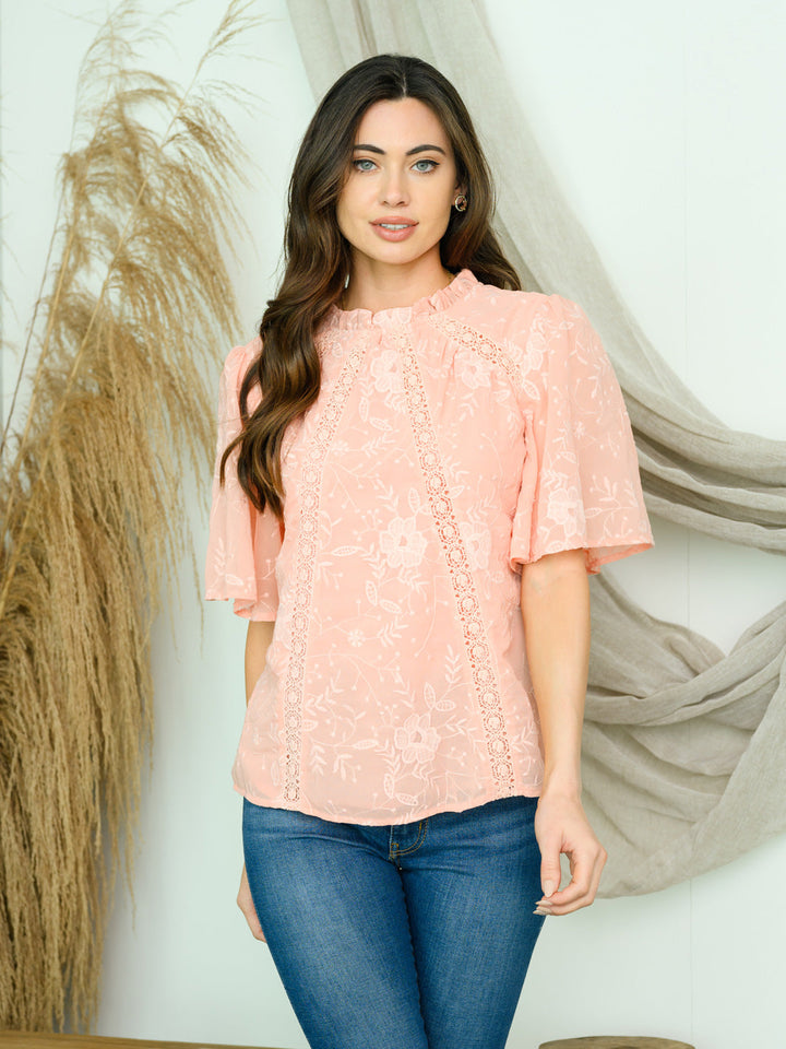 WOMEN'S SHORT SLEEVE LACE TRIMMED TOP