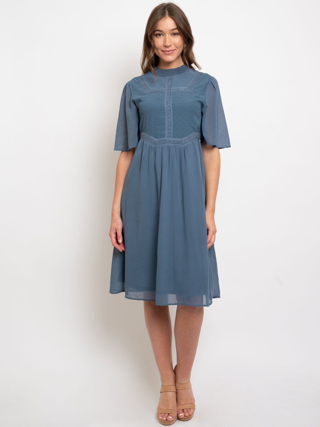 WOMEN'S MOCK NECK LACE DETAIL MIDI DRESS