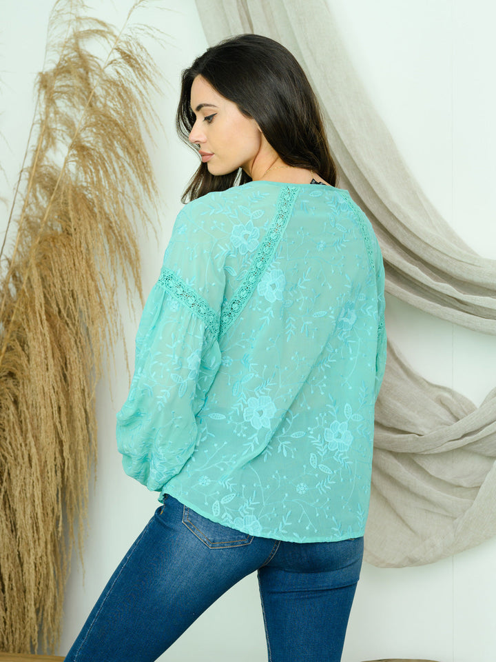 WOMEN'S LONG SLEEVE LACE TRIMMED EMBROIDERY TOP