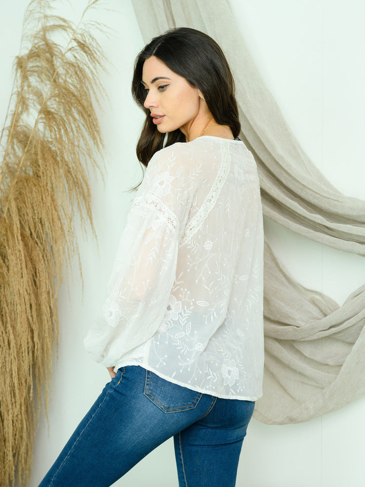 WOMEN'S LONG SLEEVE LACE TRIMMED EMBROIDERY TOP