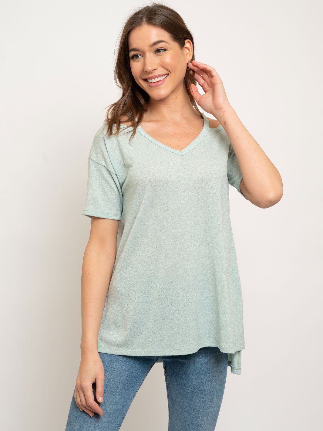 CREPE CUTOUT SHOULDER KNIT TOP