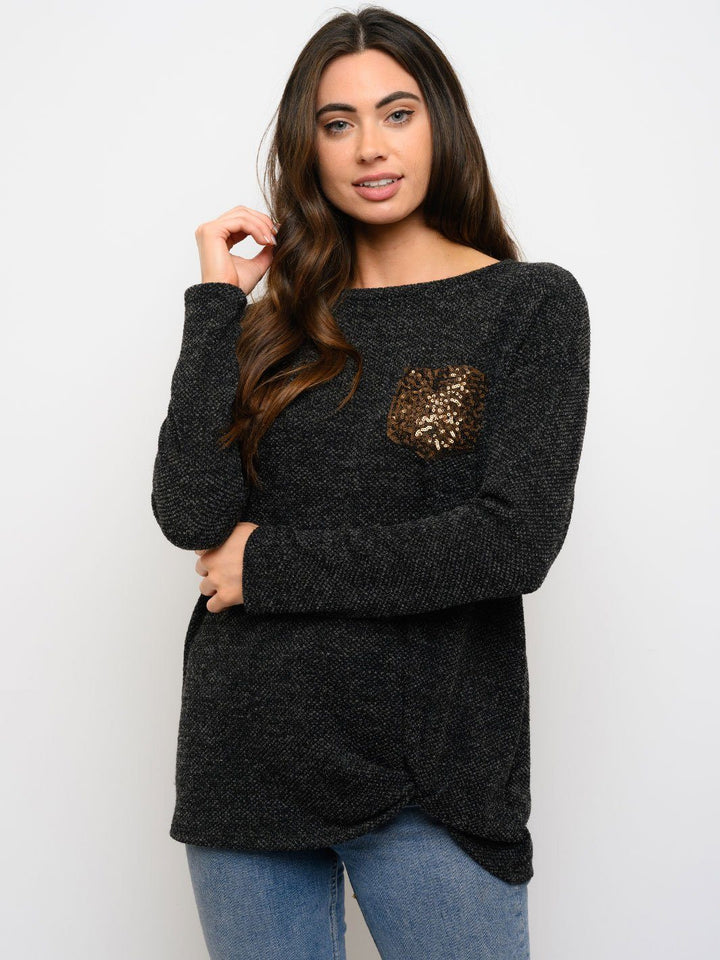 WOMEN'S FRONT KNOT SEQUIN POCKET LONG SLEEVE TOP